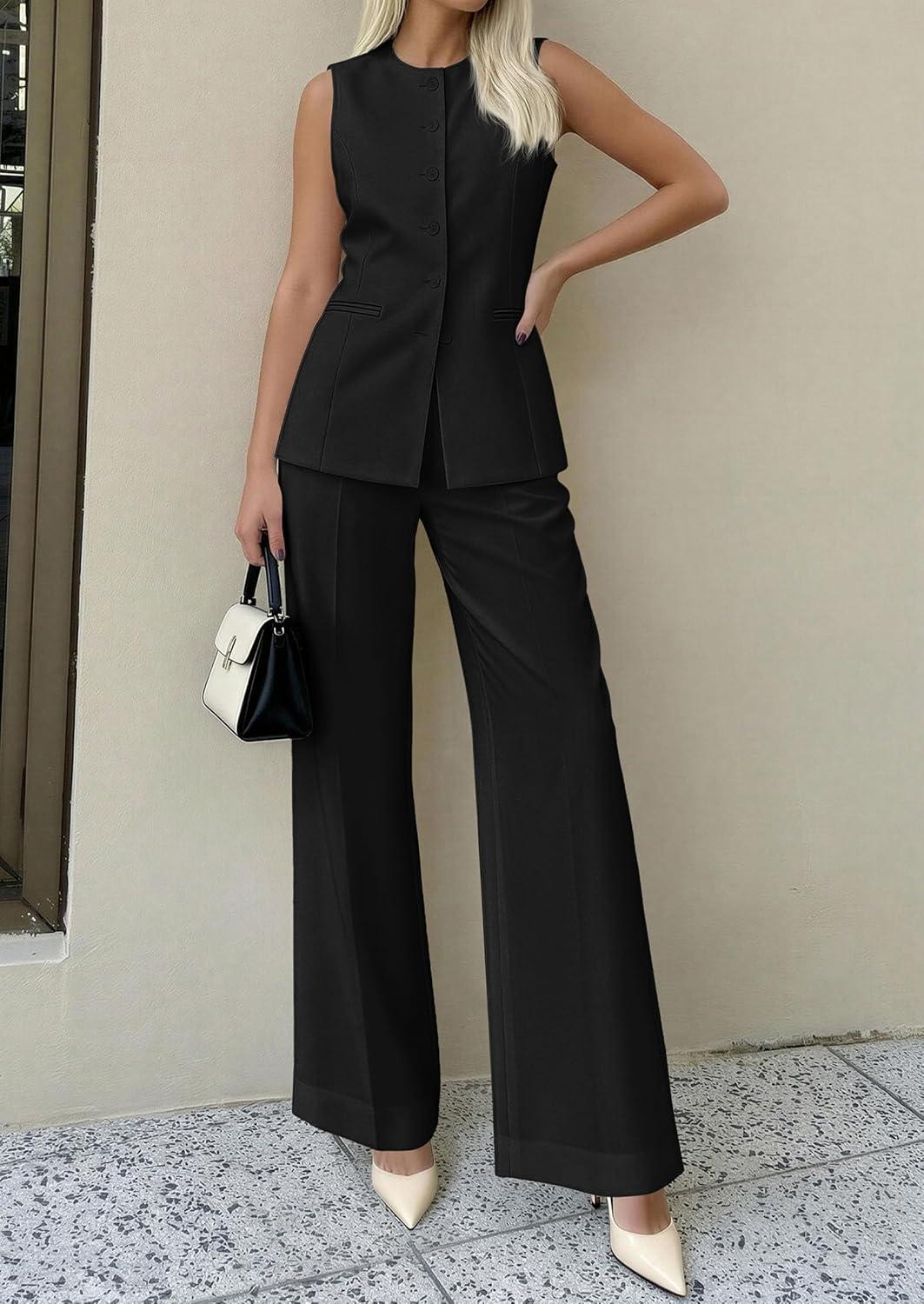imagePRETTYGARDEN Womens 2 Piece Sets Summer 2026 Work Clothes Sleeveless Blazer Vest Pants Suits Spring Business Casual OutfitsBlack