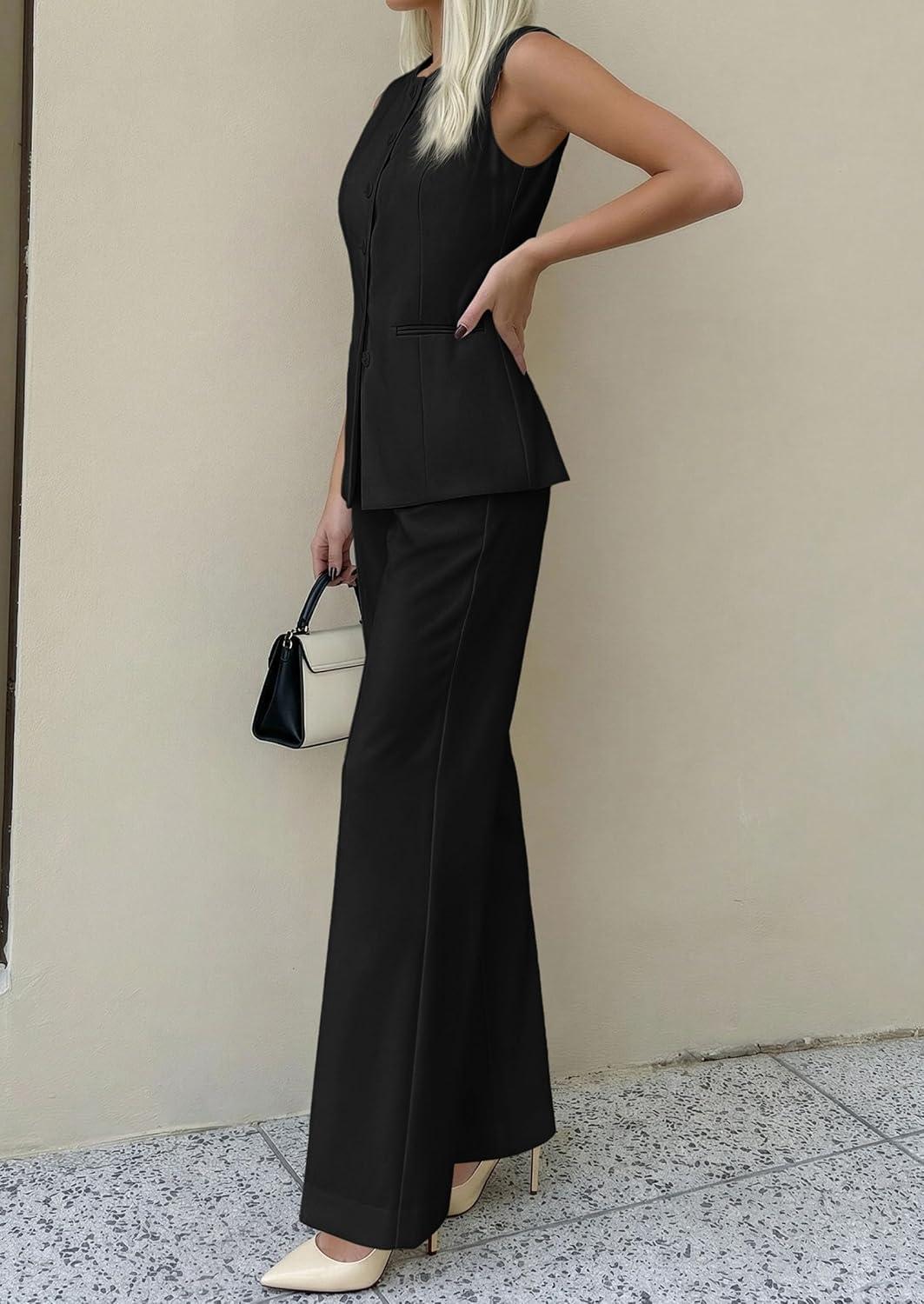 imagePRETTYGARDEN Womens 2 Piece Sets Summer 2026 Work Clothes Sleeveless Blazer Vest Pants Suits Spring Business Casual OutfitsBlack