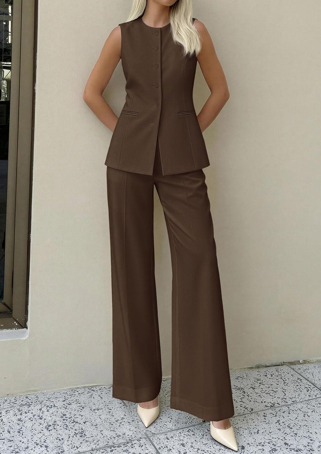 imagePRETTYGARDEN Womens 2 Piece Sets Summer 2026 Work Clothes Sleeveless Blazer Vest Pants Suits Spring Business Casual OutfitsBrown