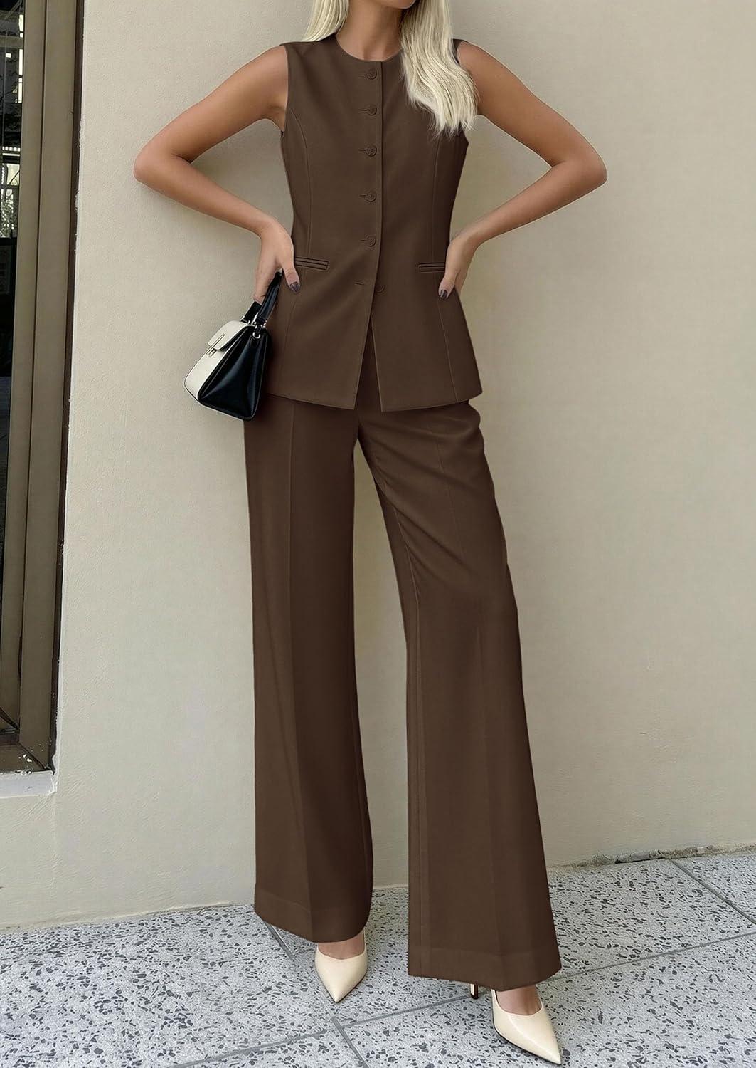imagePRETTYGARDEN Womens 2 Piece Sets Summer 2026 Work Clothes Sleeveless Blazer Vest Pants Suits Spring Business Casual OutfitsBrown