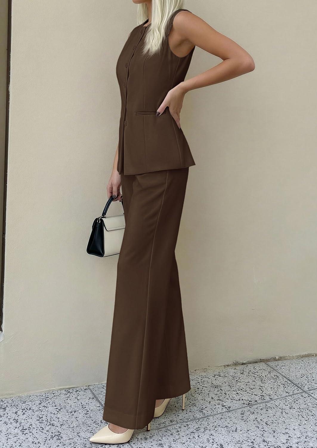imagePRETTYGARDEN Womens 2 Piece Sets Summer 2026 Work Clothes Sleeveless Blazer Vest Pants Suits Spring Business Casual OutfitsBrown
