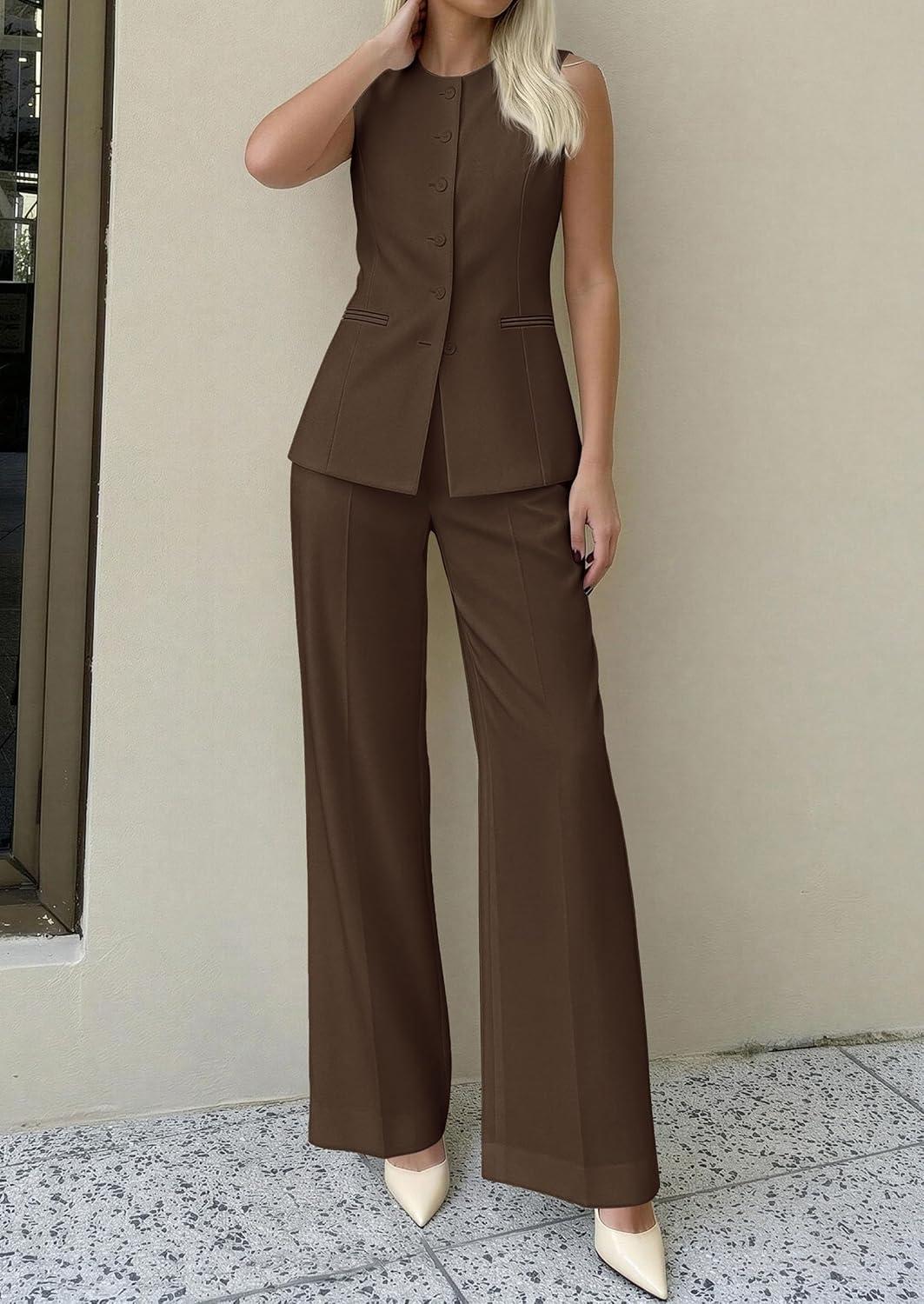 imagePRETTYGARDEN Womens 2 Piece Sets Summer 2026 Work Clothes Sleeveless Blazer Vest Pants Suits Spring Business Casual OutfitsBrown