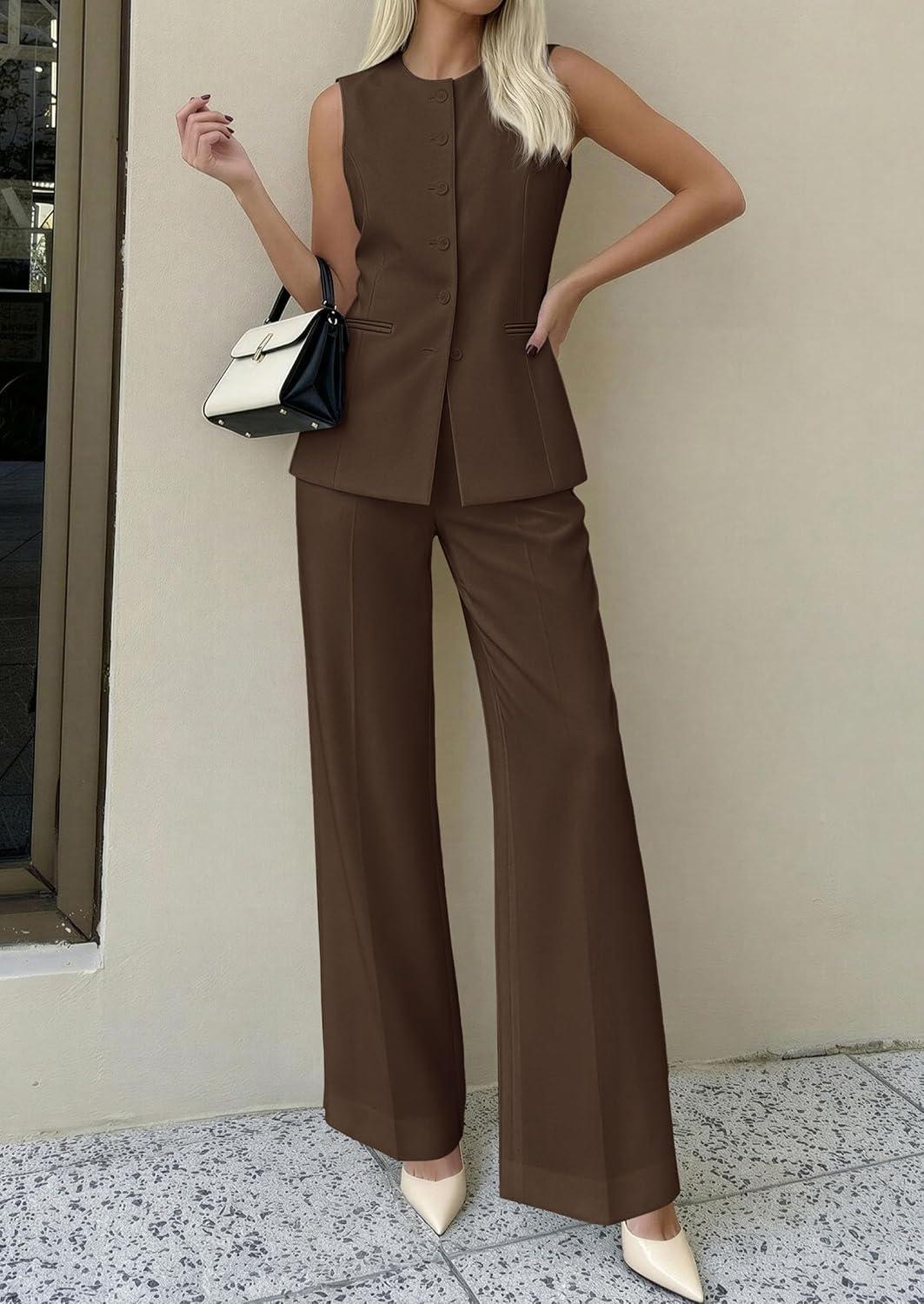 imagePRETTYGARDEN Womens 2 Piece Sets Summer 2026 Work Clothes Sleeveless Blazer Vest Pants Suits Spring Business Casual OutfitsBrown
