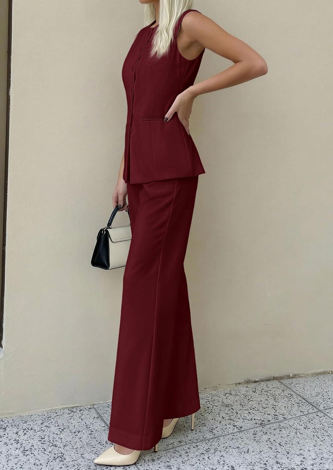 imagePRETTYGARDEN Womens 2 Piece Sets Summer 2026 Work Clothes Sleeveless Blazer Vest Pants Suits Spring Business Casual OutfitsBurgundy