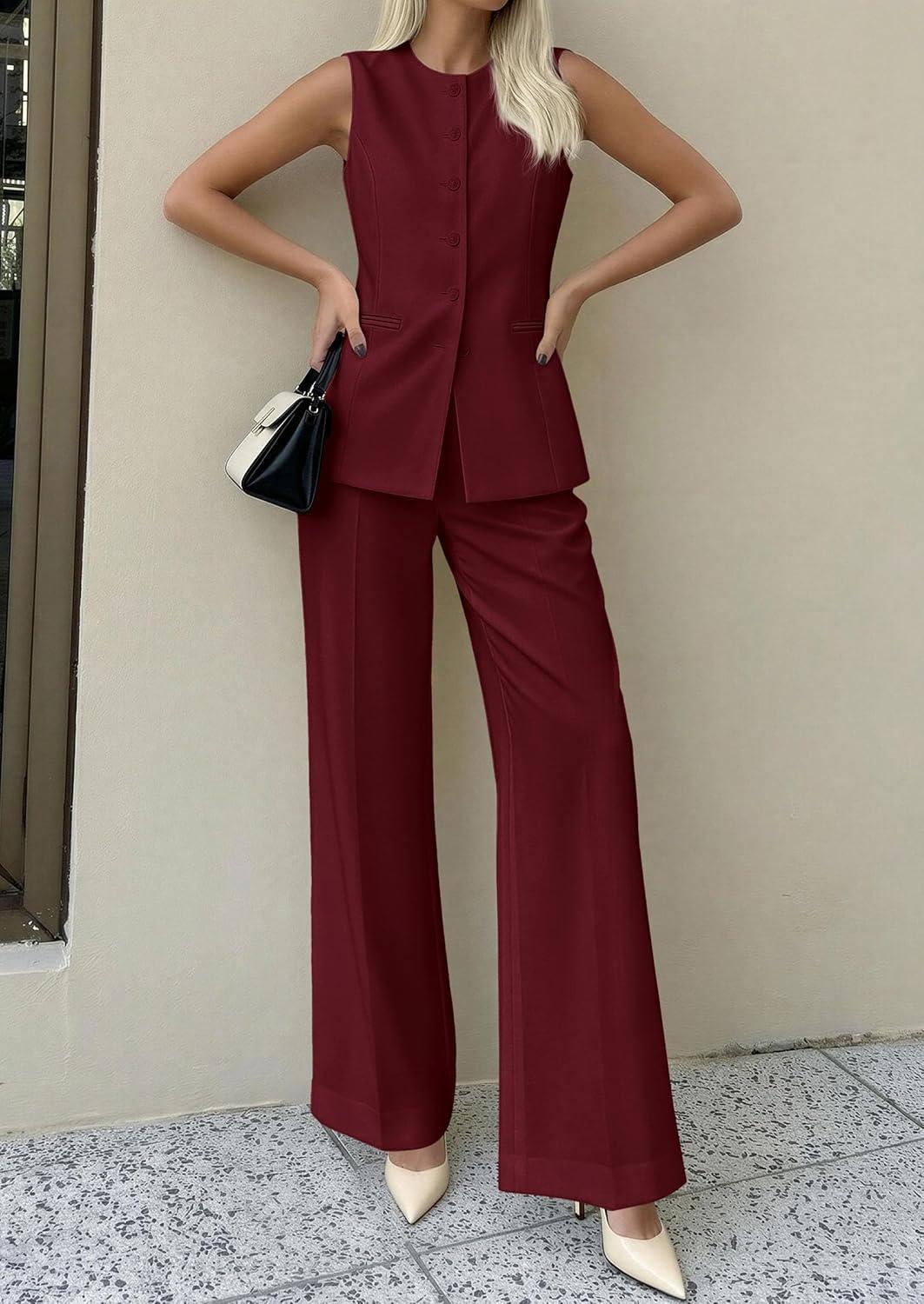 imagePRETTYGARDEN Womens 2 Piece Sets Summer 2026 Work Clothes Sleeveless Blazer Vest Pants Suits Spring Business Casual OutfitsBurgundy