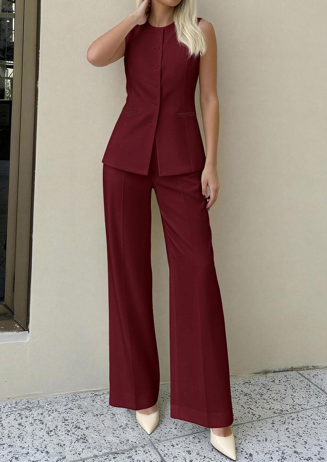 imagePRETTYGARDEN Womens 2 Piece Sets Summer 2026 Work Clothes Sleeveless Blazer Vest Pants Suits Spring Business Casual OutfitsBurgundy