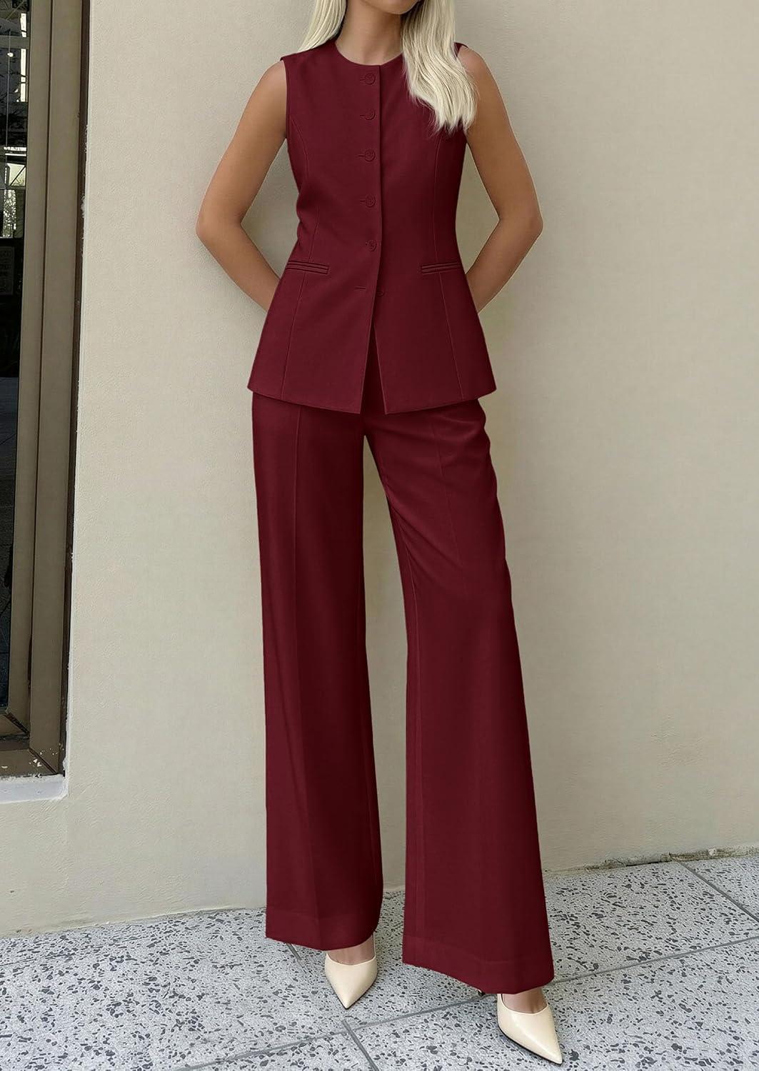 imagePRETTYGARDEN Womens 2 Piece Sets Summer 2026 Work Clothes Sleeveless Blazer Vest Pants Suits Spring Business Casual OutfitsBurgundy