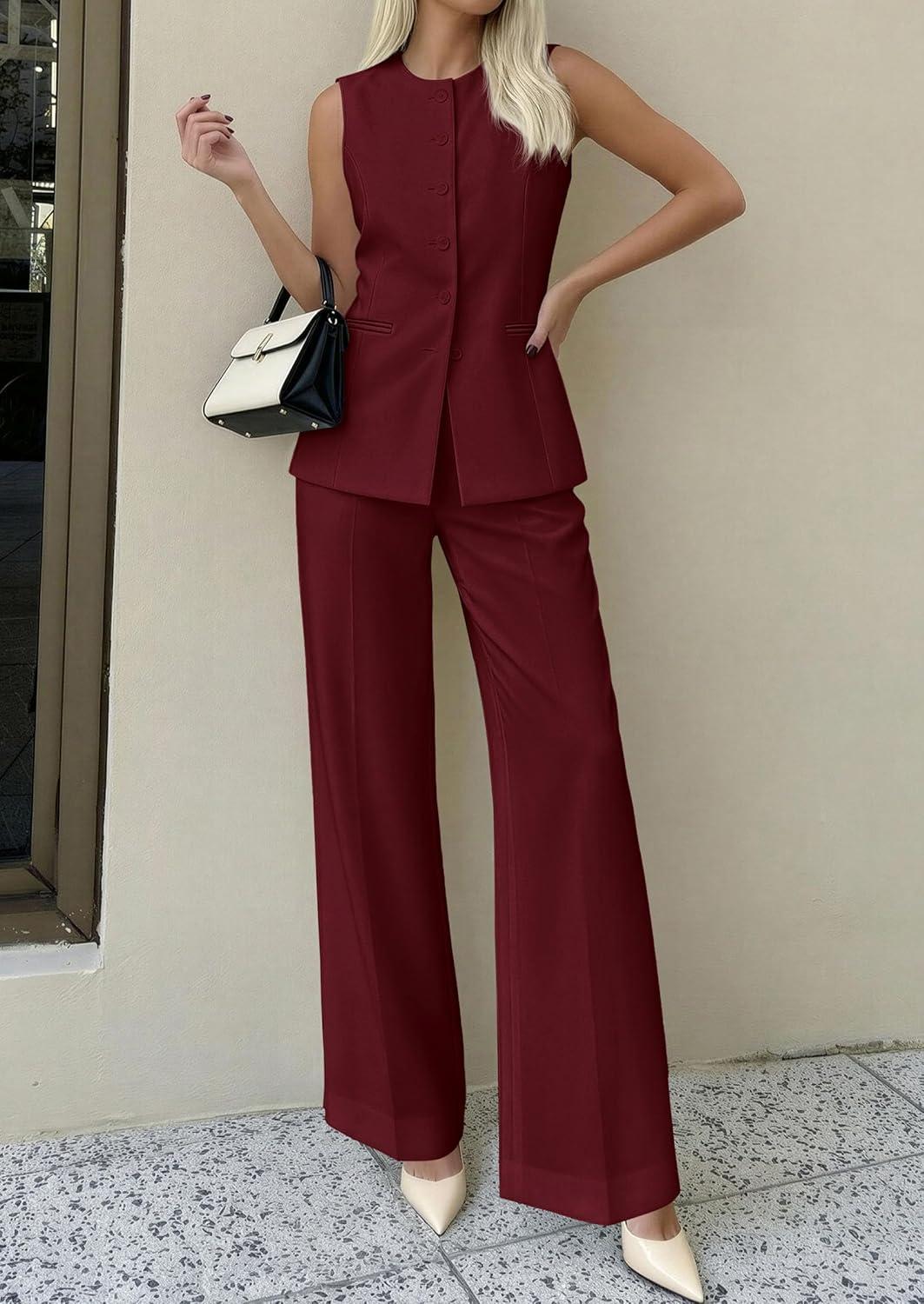 imagePRETTYGARDEN Womens 2 Piece Sets Summer 2026 Work Clothes Sleeveless Blazer Vest Pants Suits Spring Business Casual OutfitsBurgundy