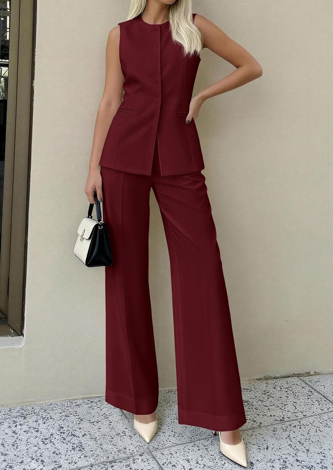 imagePRETTYGARDEN Womens 2 Piece Sets Summer 2026 Work Clothes Sleeveless Blazer Vest Pants Suits Spring Business Casual OutfitsBurgundy