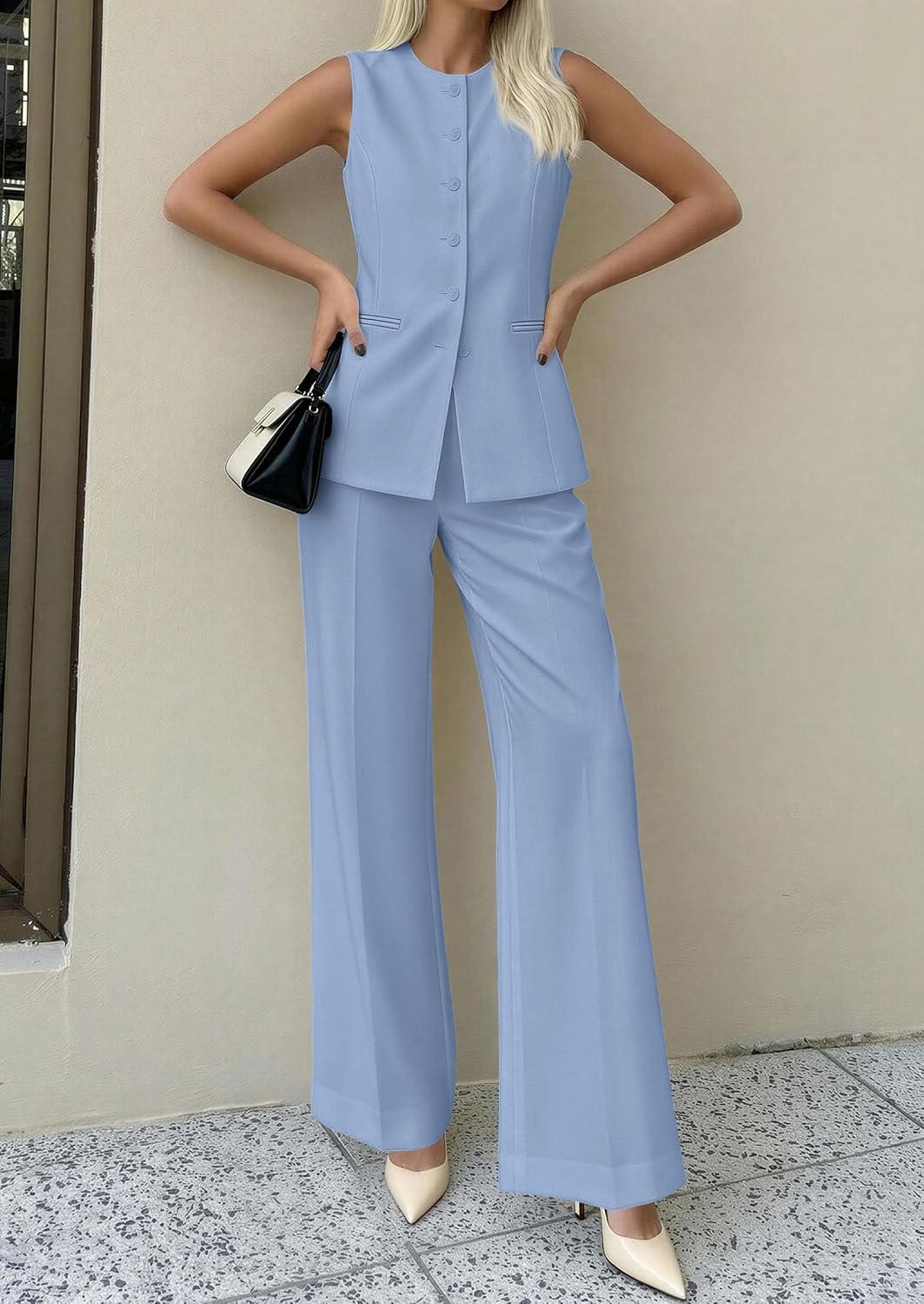 imagePRETTYGARDEN Womens 2 Piece Sets Summer 2026 Work Clothes Sleeveless Blazer Vest Pants Suits Spring Business Casual OutfitsLight Blue