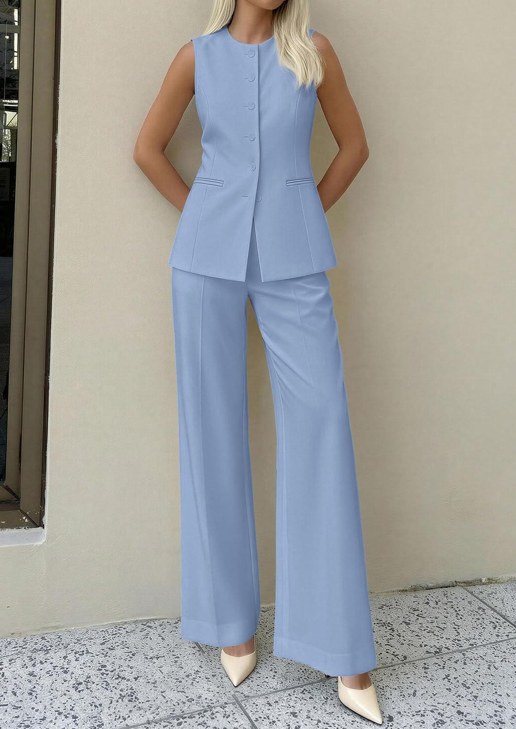 imagePRETTYGARDEN Womens 2 Piece Sets Summer 2026 Work Clothes Sleeveless Blazer Vest Pants Suits Spring Business Casual OutfitsLight Blue