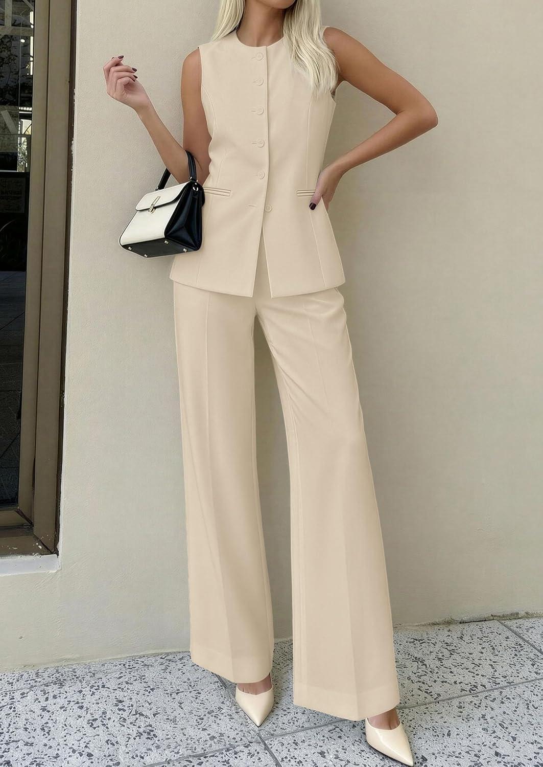 imagePRETTYGARDEN Womens 2 Piece Sets Summer 2026 Work Clothes Sleeveless Blazer Vest Pants Suits Spring Business Casual OutfitsLight Khaki