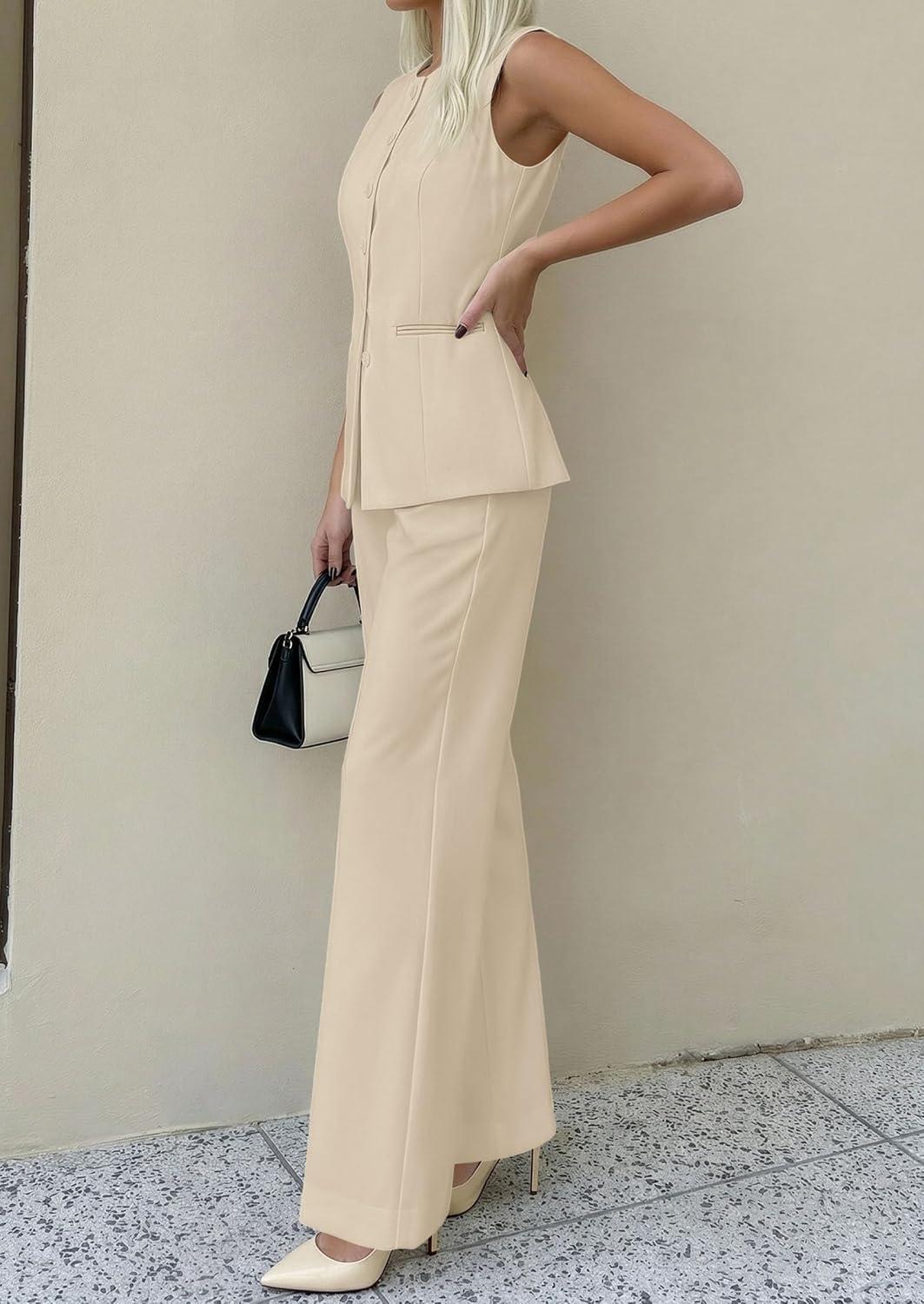 imagePRETTYGARDEN Womens 2 Piece Sets Summer 2026 Work Clothes Sleeveless Blazer Vest Pants Suits Spring Business Casual OutfitsLight Khaki