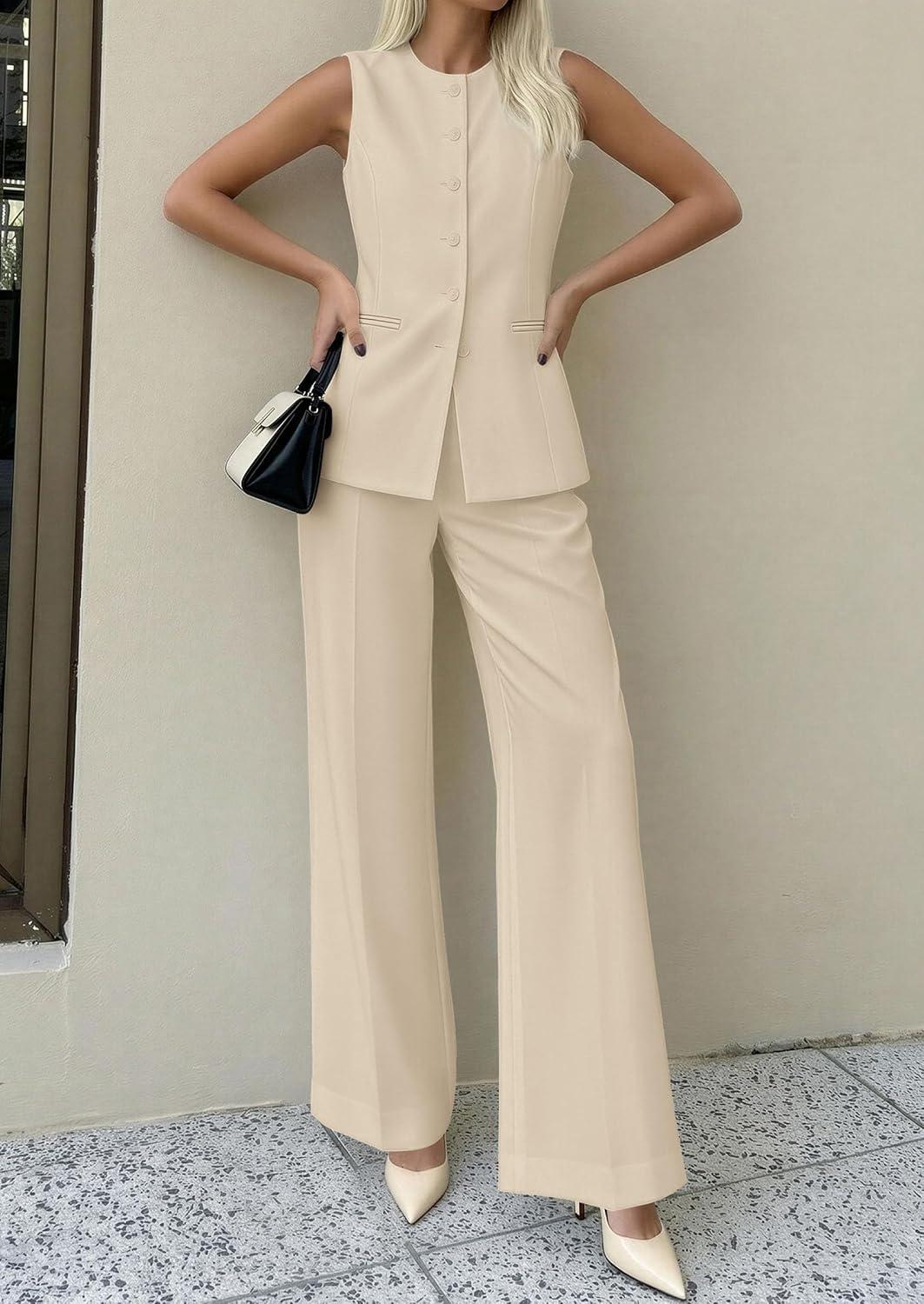 imagePRETTYGARDEN Womens 2 Piece Sets Summer 2026 Work Clothes Sleeveless Blazer Vest Pants Suits Spring Business Casual OutfitsLight Khaki