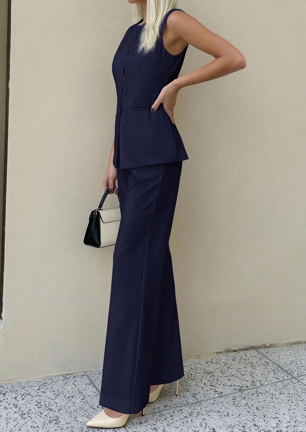 imagePRETTYGARDEN Womens 2 Piece Sets Summer 2026 Work Clothes Sleeveless Blazer Vest Pants Suits Spring Business Casual OutfitsNavy Blue
