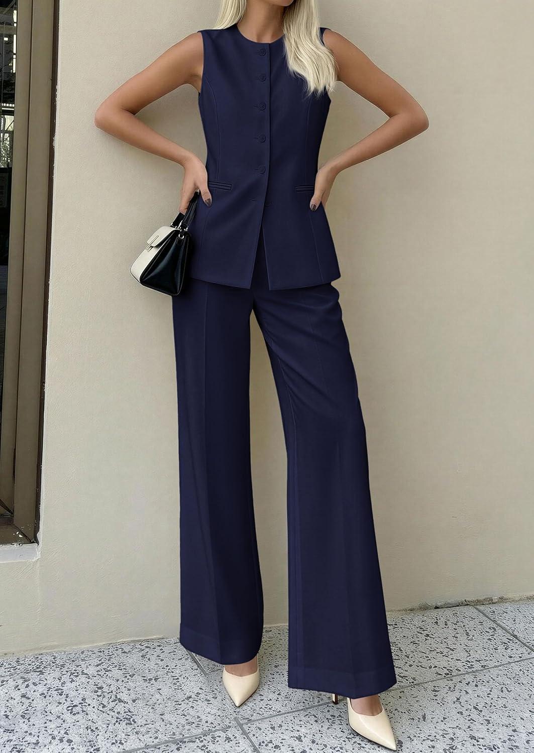 imagePRETTYGARDEN Womens 2 Piece Sets Summer 2026 Work Clothes Sleeveless Blazer Vest Pants Suits Spring Business Casual OutfitsNavy Blue