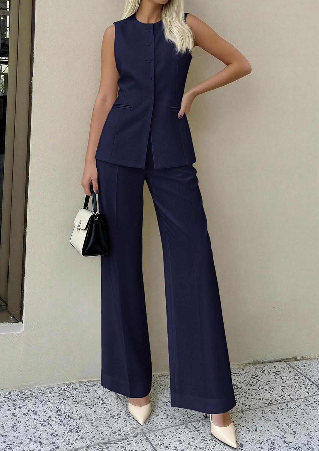 imagePRETTYGARDEN Womens 2 Piece Sets Summer 2026 Work Clothes Sleeveless Blazer Vest Pants Suits Spring Business Casual OutfitsNavy Blue
