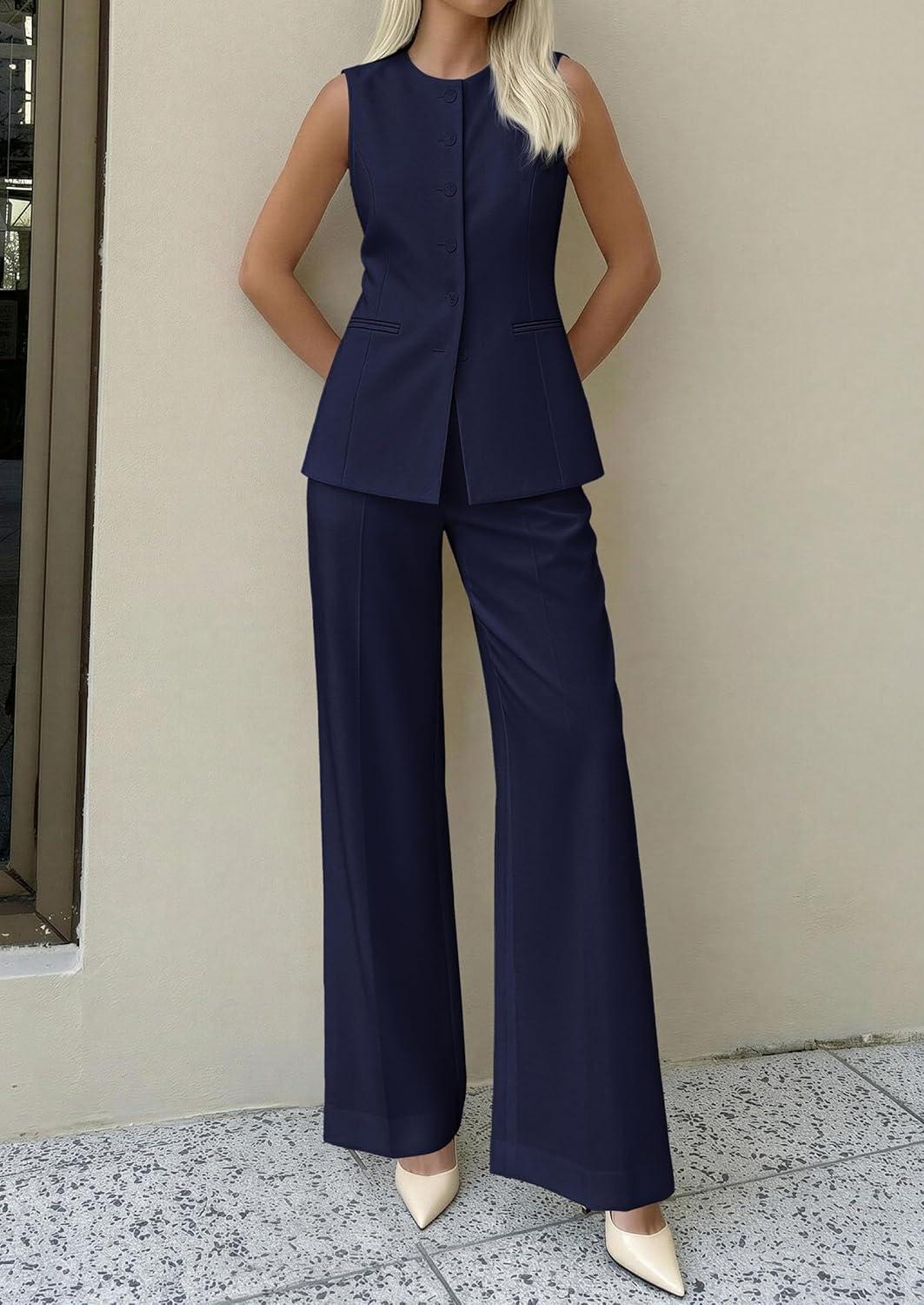 imagePRETTYGARDEN Womens 2 Piece Sets Summer 2026 Work Clothes Sleeveless Blazer Vest Pants Suits Spring Business Casual OutfitsNavy Blue