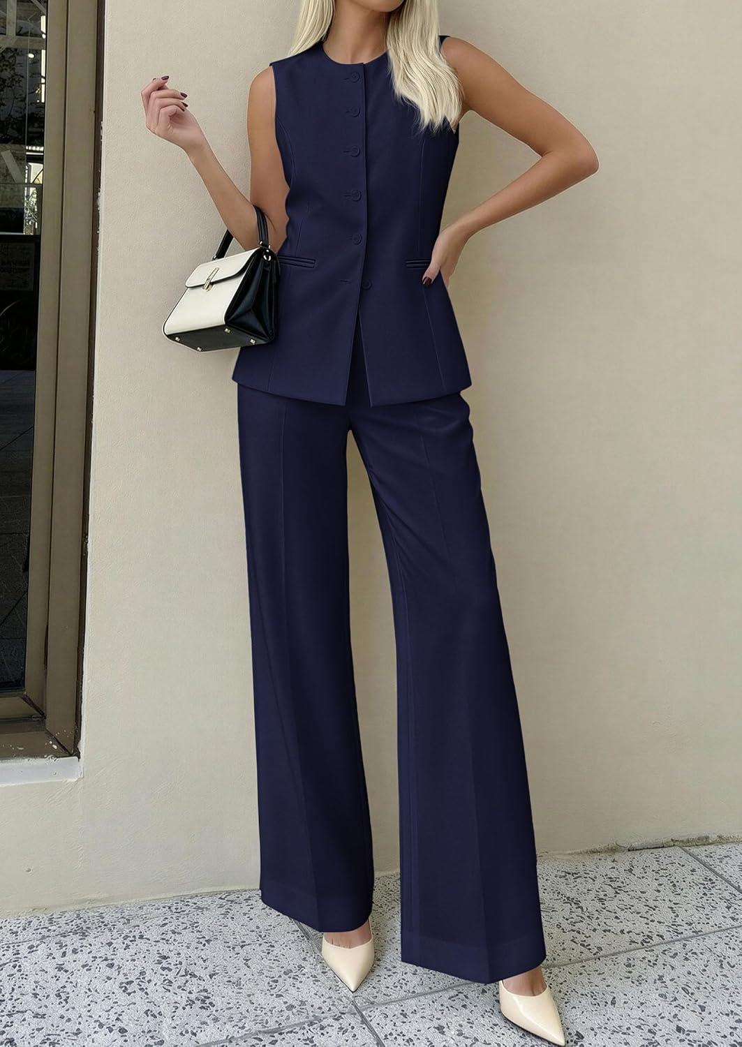 imagePRETTYGARDEN Womens 2 Piece Sets Summer 2026 Work Clothes Sleeveless Blazer Vest Pants Suits Spring Business Casual OutfitsNavy Blue