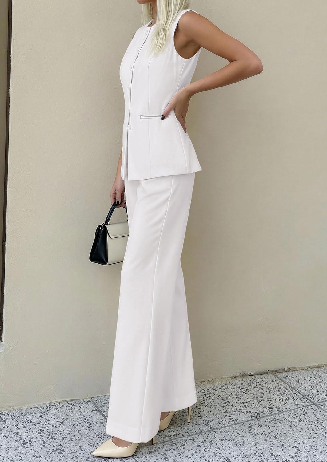 imagePRETTYGARDEN Womens 2 Piece Sets Summer 2026 Work Clothes Sleeveless Blazer Vest Pants Suits Spring Business Casual OutfitsWhite