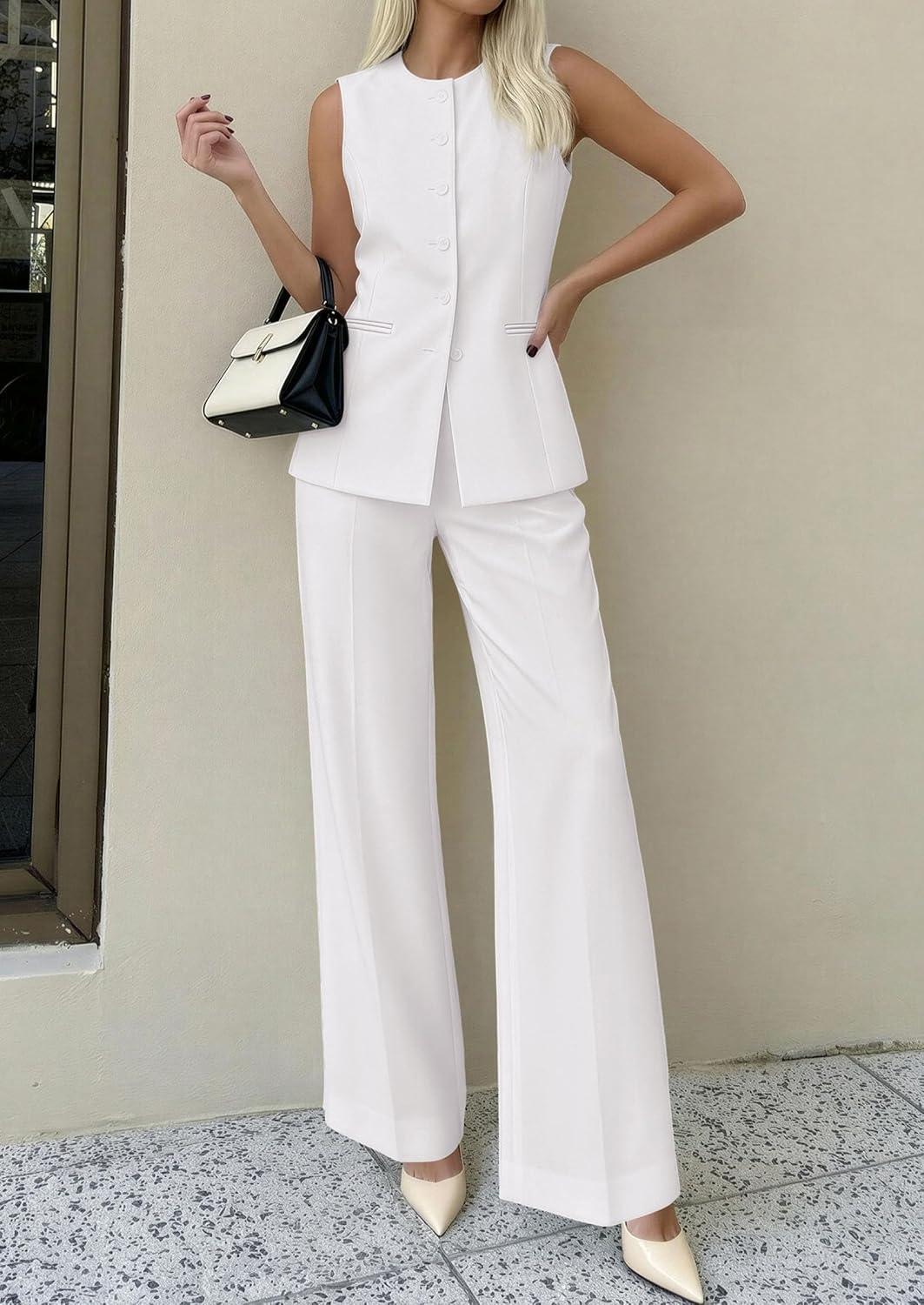 imagePRETTYGARDEN Womens 2 Piece Sets Summer 2026 Work Clothes Sleeveless Blazer Vest Pants Suits Spring Business Casual OutfitsWhite