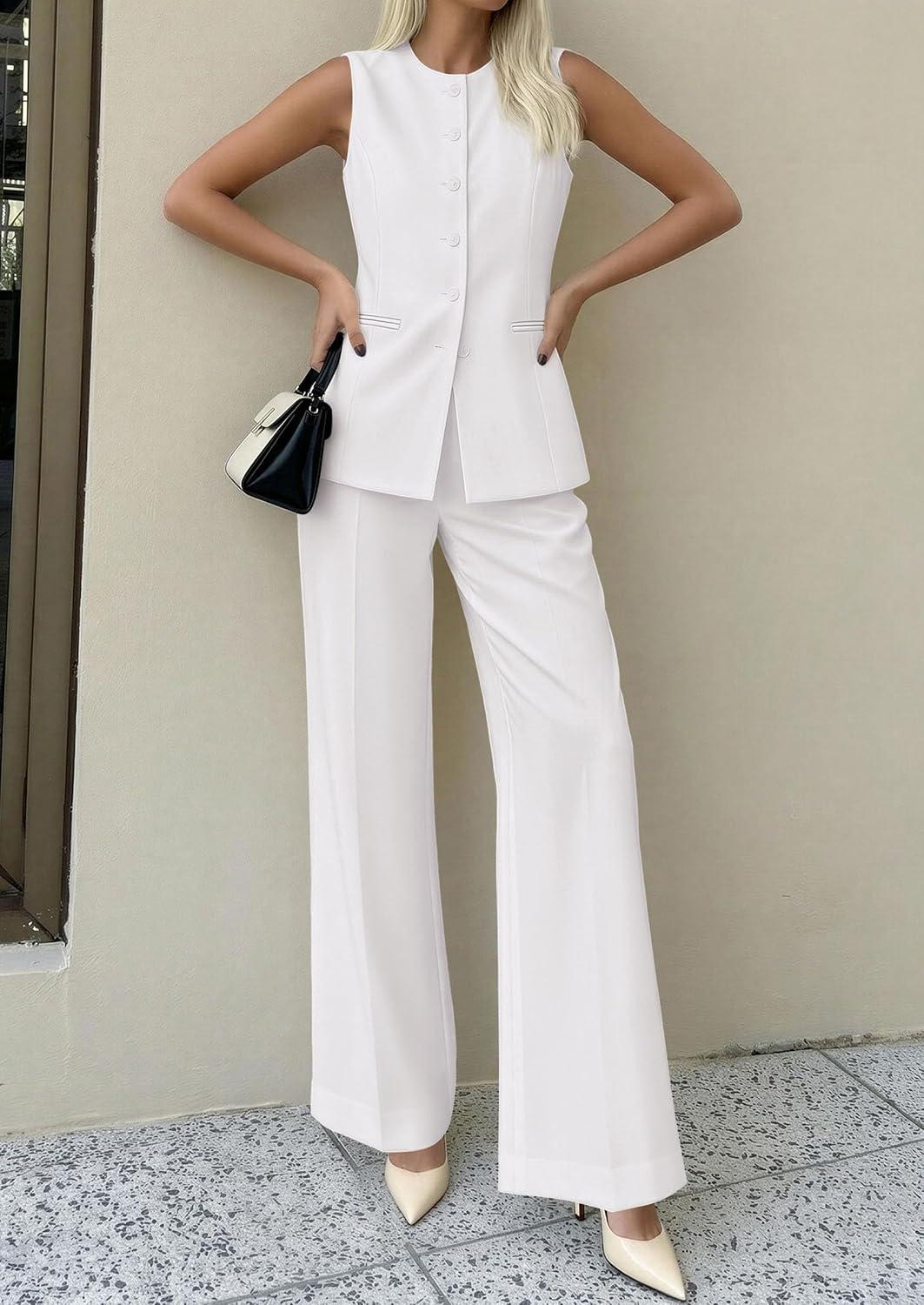 imagePRETTYGARDEN Womens 2 Piece Sets Summer 2026 Work Clothes Sleeveless Blazer Vest Pants Suits Spring Business Casual OutfitsWhite