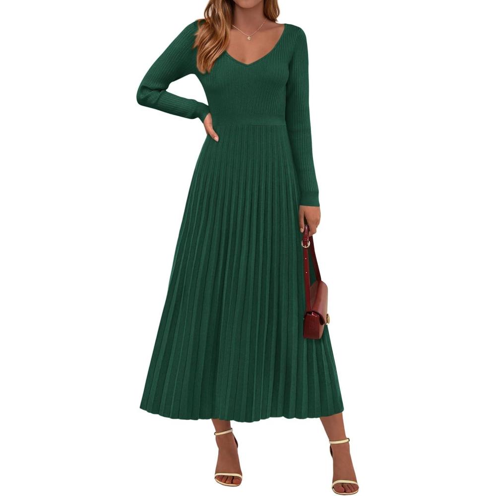 imagePRETTYGARDEN Women Sweater Dress Fall Fashion 2026 Long Sleeve V Neck Ribbed Knit Pleated A Line Elegant Maxi Winter DressesDark Green