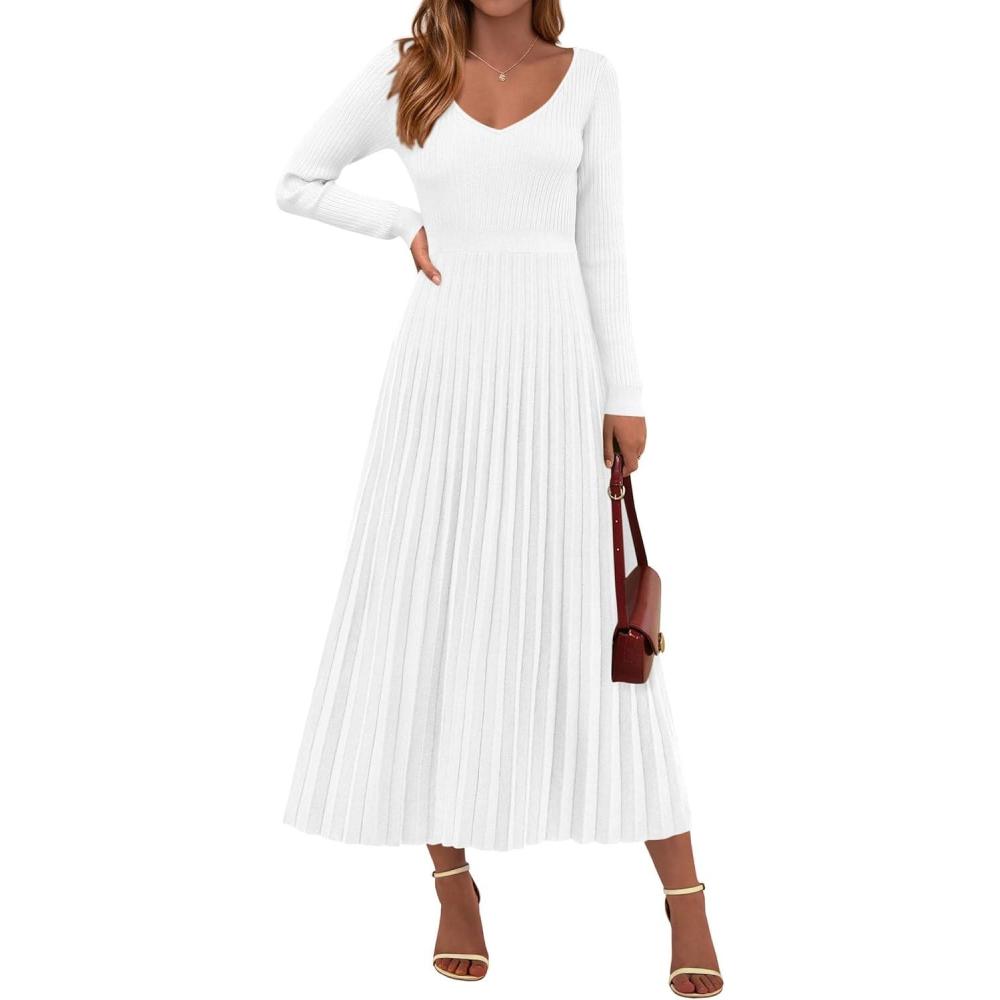 imagePRETTYGARDEN Women Sweater Dress Fall Fashion 2026 Long Sleeve V Neck Ribbed Knit Pleated A Line Elegant Maxi Winter DressesWhite