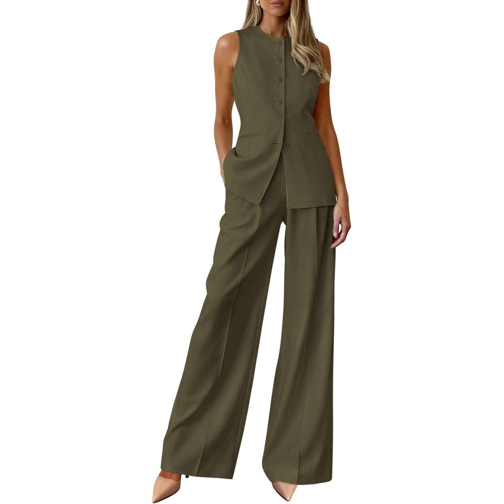 imagePRETTYGARDEN Womens 2 Piece Sets Summer 2026 Work Clothes Sleeveless Blazer Vest Pants Suits Spring Business Casual OutfitsArmy Green
