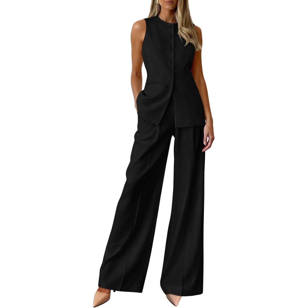 imagePRETTYGARDEN Womens 2 Piece Sets Summer 2026 Work Clothes Sleeveless Blazer Vest Pants Suits Spring Business Casual OutfitsBlack