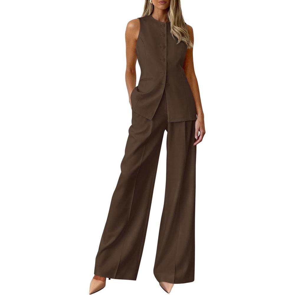 imagePRETTYGARDEN Womens 2 Piece Sets Summer 2026 Work Clothes Sleeveless Blazer Vest Pants Suits Spring Business Casual OutfitsBrown