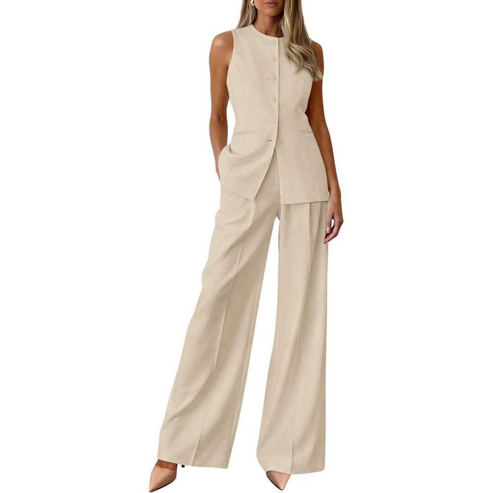 imagePRETTYGARDEN Womens 2 Piece Sets Summer 2026 Work Clothes Sleeveless Blazer Vest Pants Suits Spring Business Casual OutfitsLight Khaki