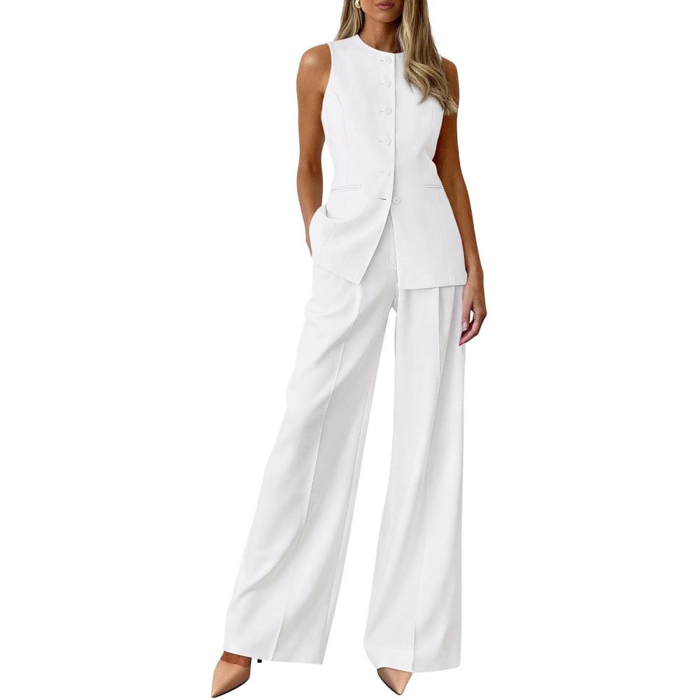 imagePRETTYGARDEN Womens 2 Piece Sets Summer 2026 Work Clothes Sleeveless Blazer Vest Pants Suits Spring Business Casual OutfitsWhite