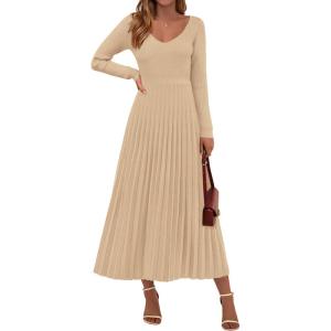 PRETTYGARDEN Women Sweater Dress Fall Fashion 2026 Long Sleeve V Neck Ribbed Knit Pleated A Line Elegant Maxi Winter Dresses(Beige)