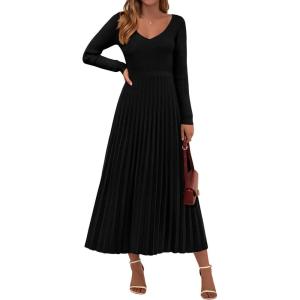 PRETTYGARDEN Women Sweater Dress Fall Fashion 2026 Long Sleeve V Neck Ribbed Knit Pleated A Line Elegant Maxi Winter Dresses(Black)