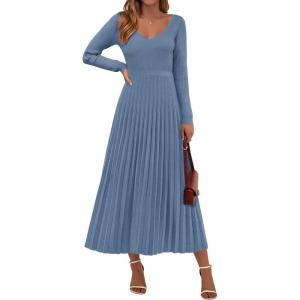 PRETTYGARDEN Women Sweater Dress Fall Fashion 2026 Long Sleeve V Neck Ribbed Knit Pleated A Line Elegant Maxi Winter Dresses(Dusty Blue)