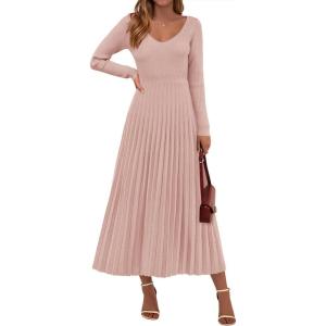 PRETTYGARDEN Women Sweater Dress Fall Fashion 2026 Long Sleeve V Neck Ribbed Knit Pleated A Line Elegant Maxi Winter Dresses(Light Pink)