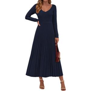 PRETTYGARDEN Women Sweater Dress Fall Fashion 2026 Long Sleeve V Neck Ribbed Knit Pleated A Line Elegant Maxi Winter Dresses(Navy Blue)