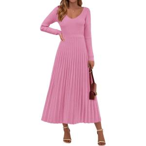 PRETTYGARDEN Women Sweater Dress Fall Fashion 2026 Long Sleeve V Neck Ribbed Knit Pleated A Line Elegant Maxi Winter Dresses(Pink)