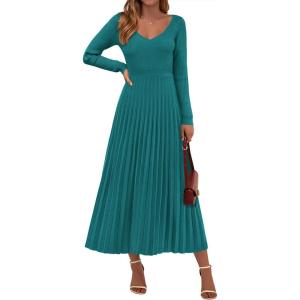 PRETTYGARDEN Women Sweater Dress Fall Fashion 2026 Long Sleeve V Neck Ribbed Knit Pleated A Line Elegant Maxi Winter Dresses(Teal)
