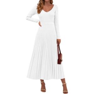 PRETTYGARDEN Women Sweater Dress Fall Fashion 2026 Long Sleeve V Neck Ribbed Knit Pleated A Line Elegant Maxi Winter Dresses(White)