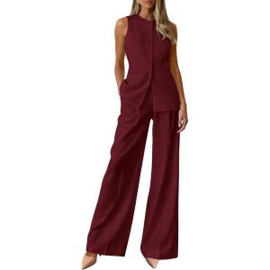 PRETTYGARDEN Women’s 2 Piece Sets Summer 2026 Work Clothes Sleeveless Blazer Vest Pants Suits Spring Business Casual Outfits(Burgundy)