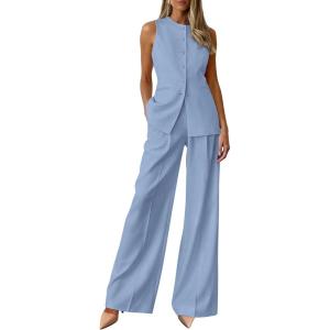 PRETTYGARDEN Women’s 2 Piece Sets Summer 2026 Work Clothes Sleeveless Blazer Vest Pants Suits Spring Business Casual Outfits(Light Blue)