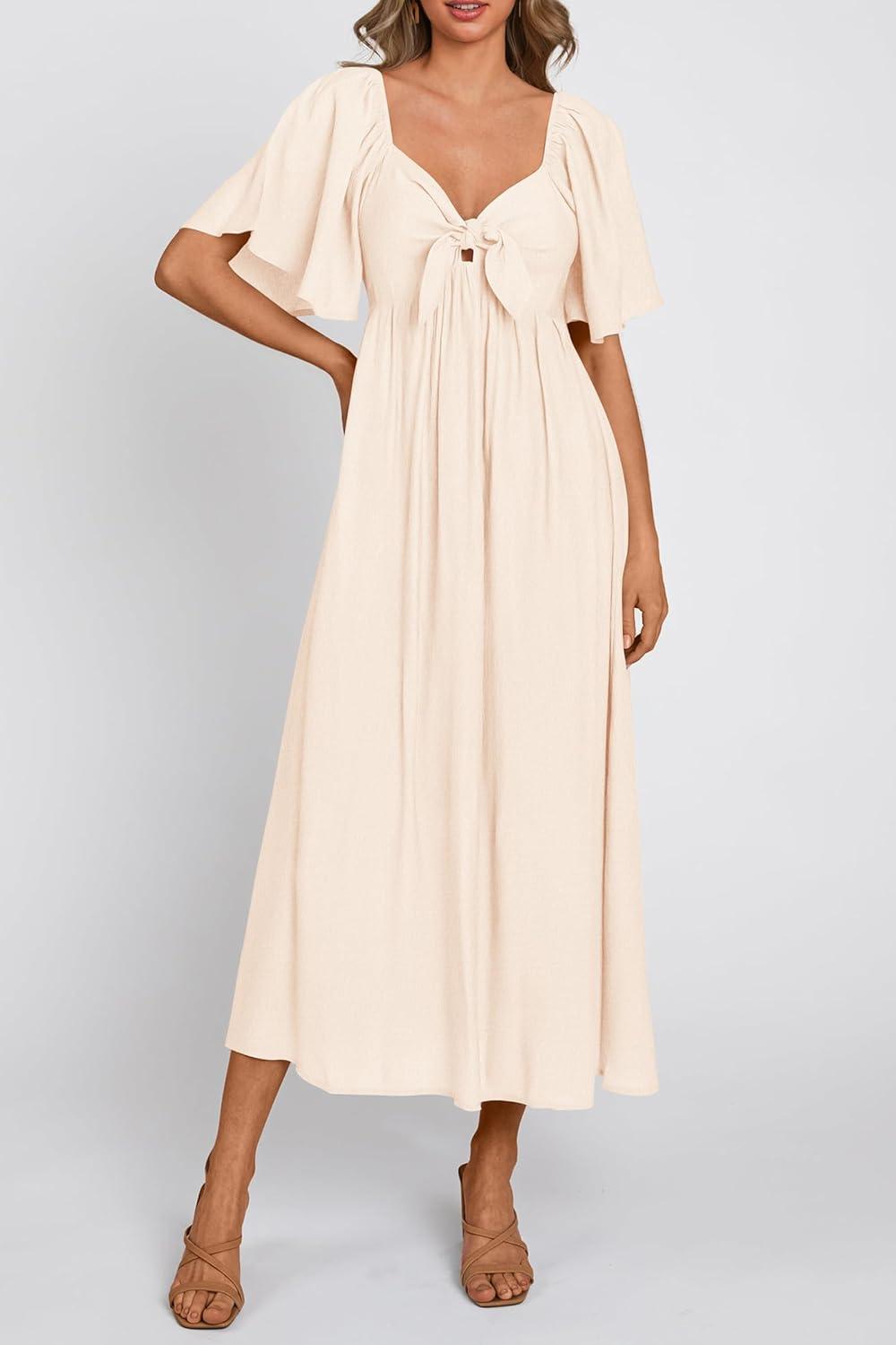imagePRETTYGARDEN Summer Dress for Women 2026 Casual Short Sleeve Bow Tie V Neck Ruffle Midi Flowy Dresses