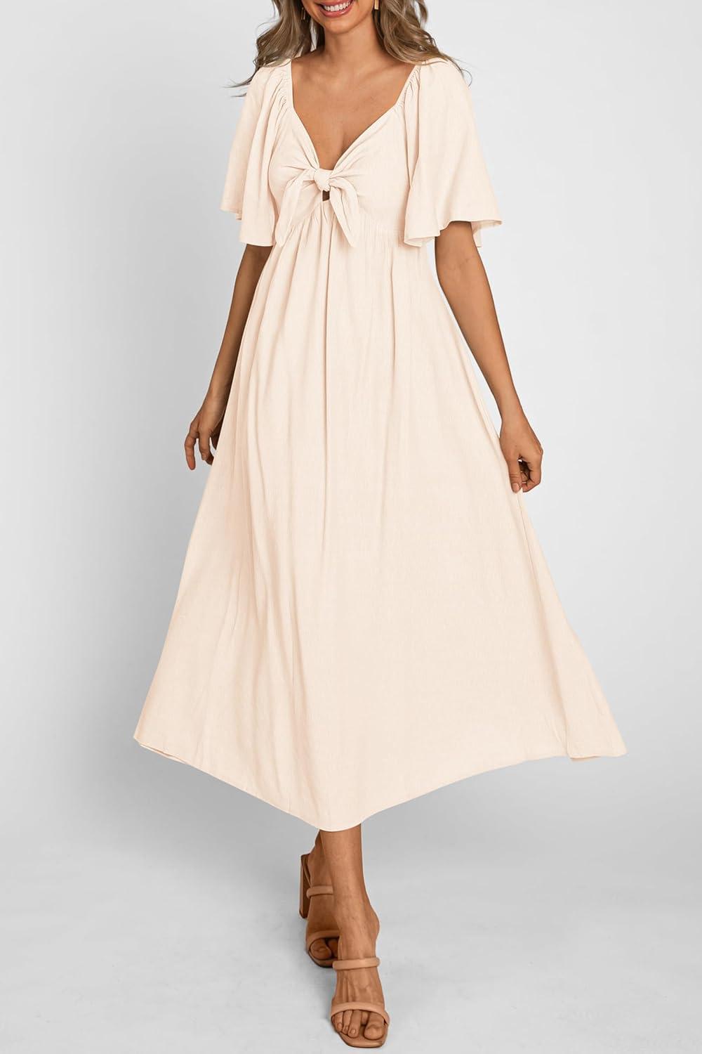 imagePRETTYGARDEN Summer Dress for Women 2026 Casual Short Sleeve Bow Tie V Neck Ruffle Midi Flowy Dresses