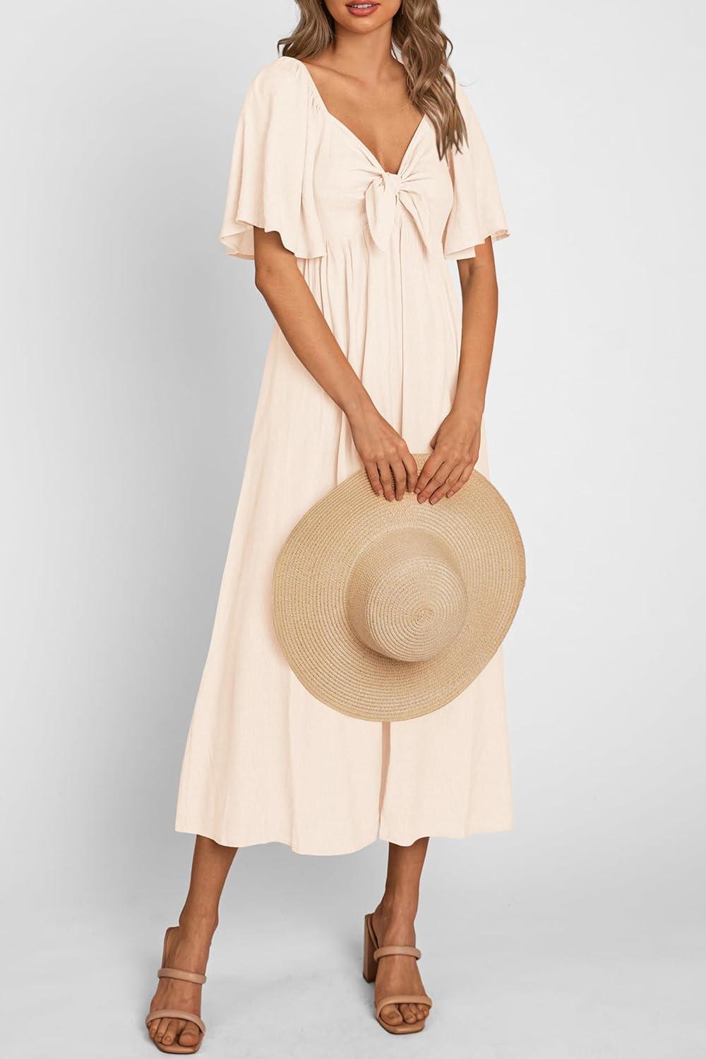 imagePRETTYGARDEN Summer Dress for Women 2026 Casual Short Sleeve Bow Tie V Neck Ruffle Midi Flowy Dresses