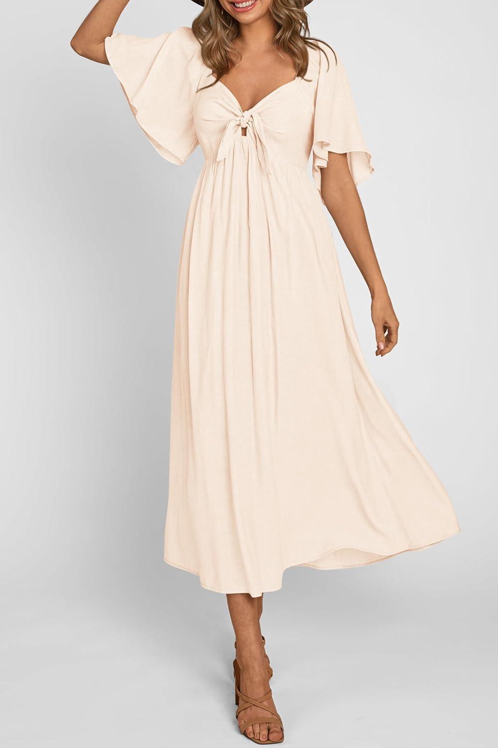 imagePRETTYGARDEN Summer Dress for Women 2026 Casual Short Sleeve Bow Tie V Neck Ruffle Midi Flowy Dresses