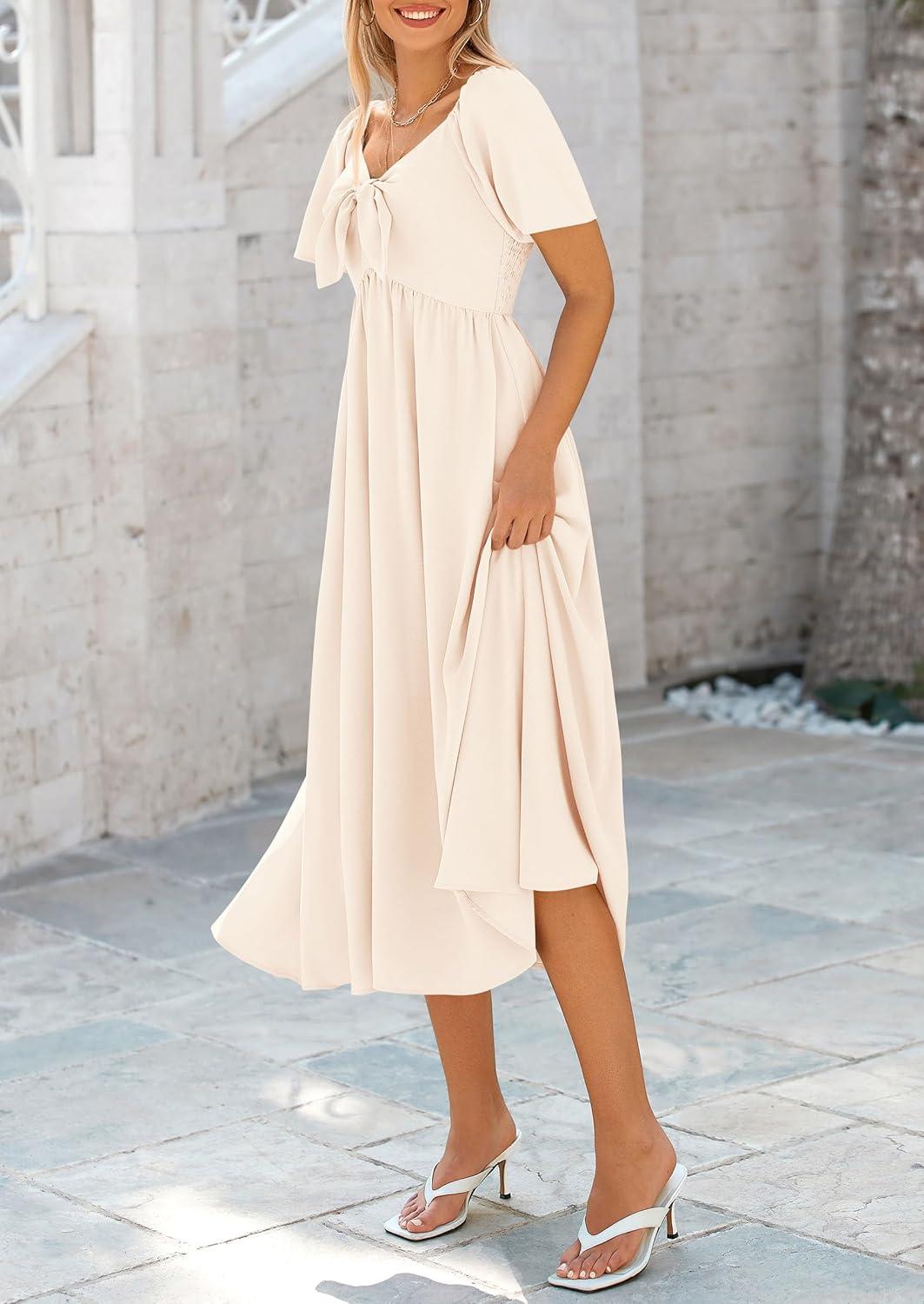 imagePRETTYGARDEN Summer Dress for Women 2026 Casual Short Sleeve Bow Tie V Neck Ruffle Midi Flowy Dresses