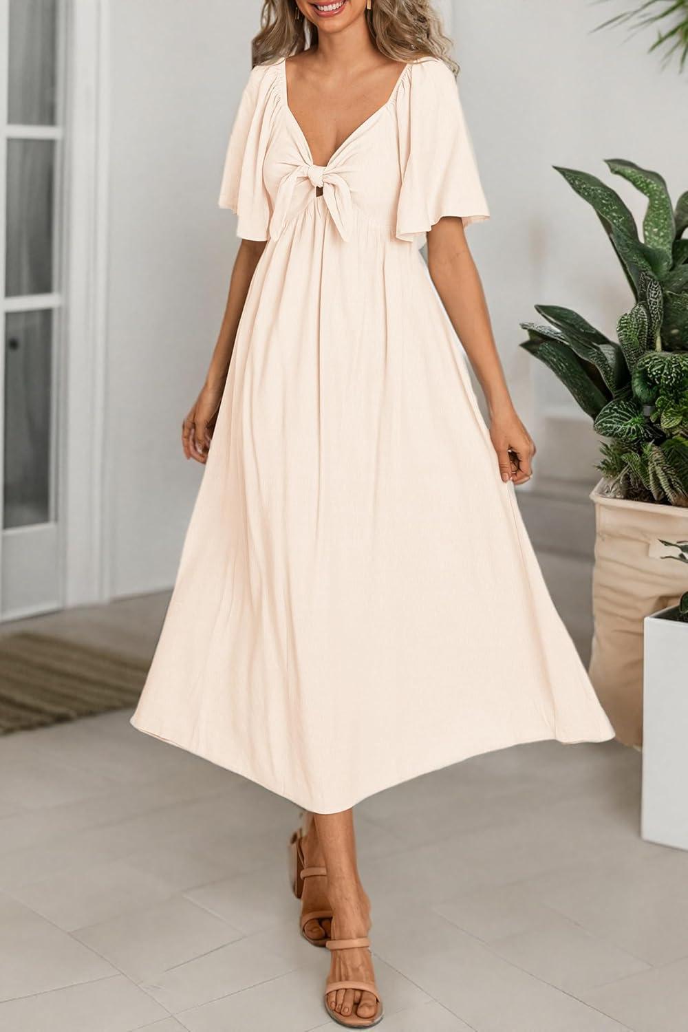 imagePRETTYGARDEN Summer Dress for Women 2026 Casual Short Sleeve Bow Tie V Neck Ruffle Midi Flowy Dresses