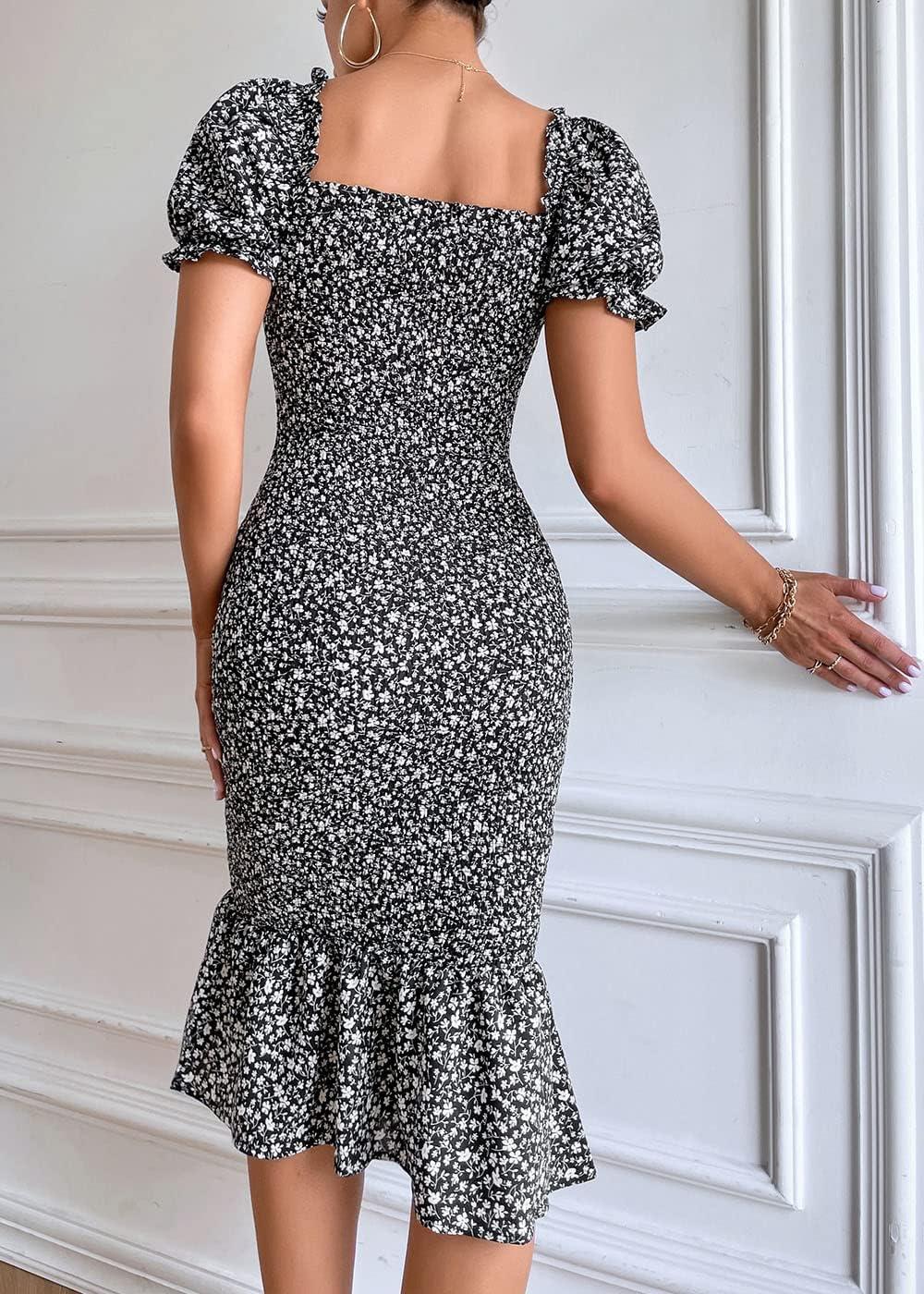 imagePRETTYGARDEN Summer Floral Bodycon Midi Dresses 2026 Puff Sleeve Mermaid Cocktail Baby Shower Photoshoot Maternity DressBlack